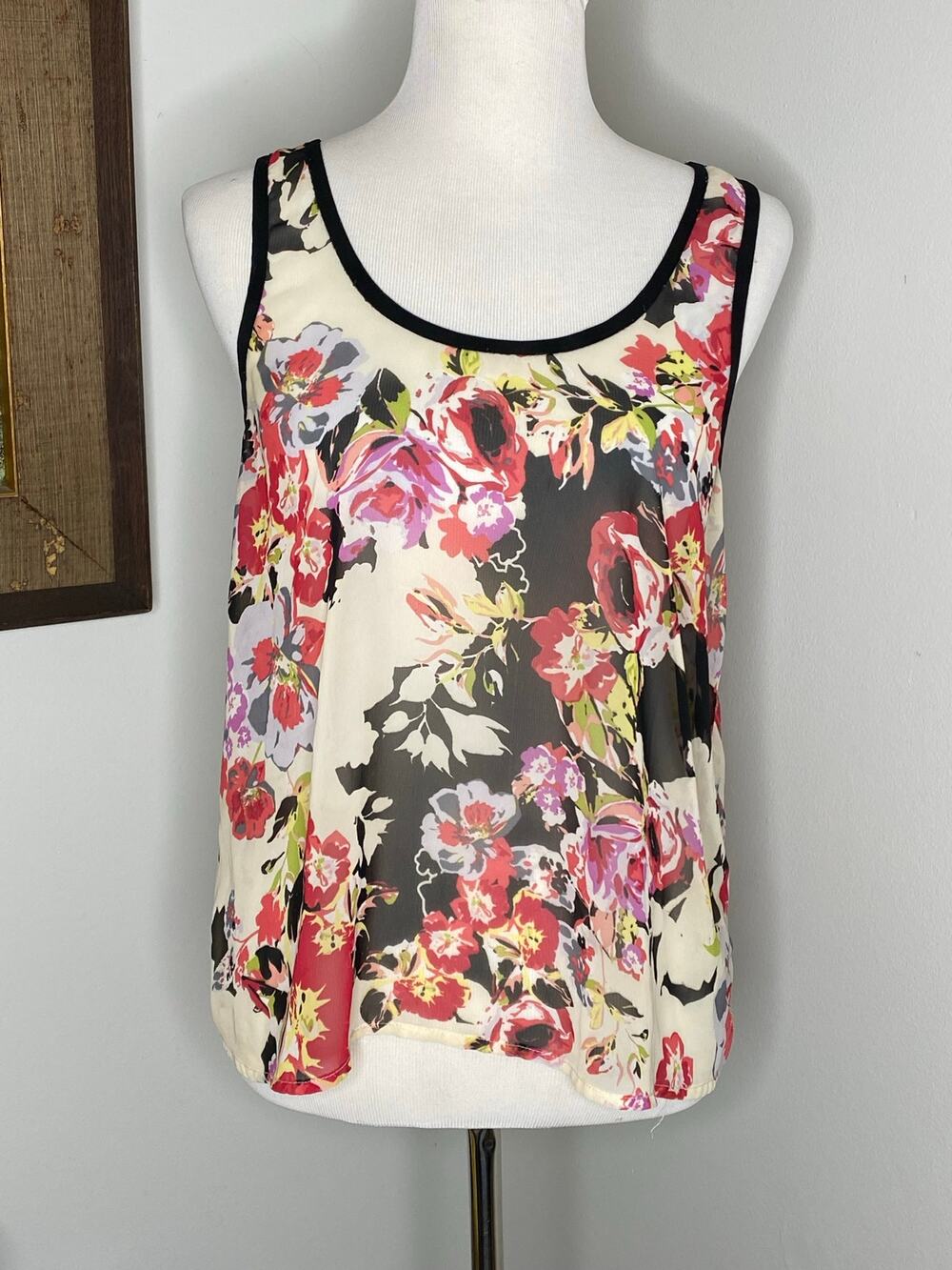 Wet Seal Floral Chiffon Tank Top L Tie Back Bow Sleeveless Y2K Blouse